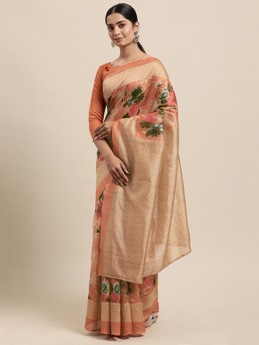 

KALINI Floral Printed Art Silk Saree, Peach