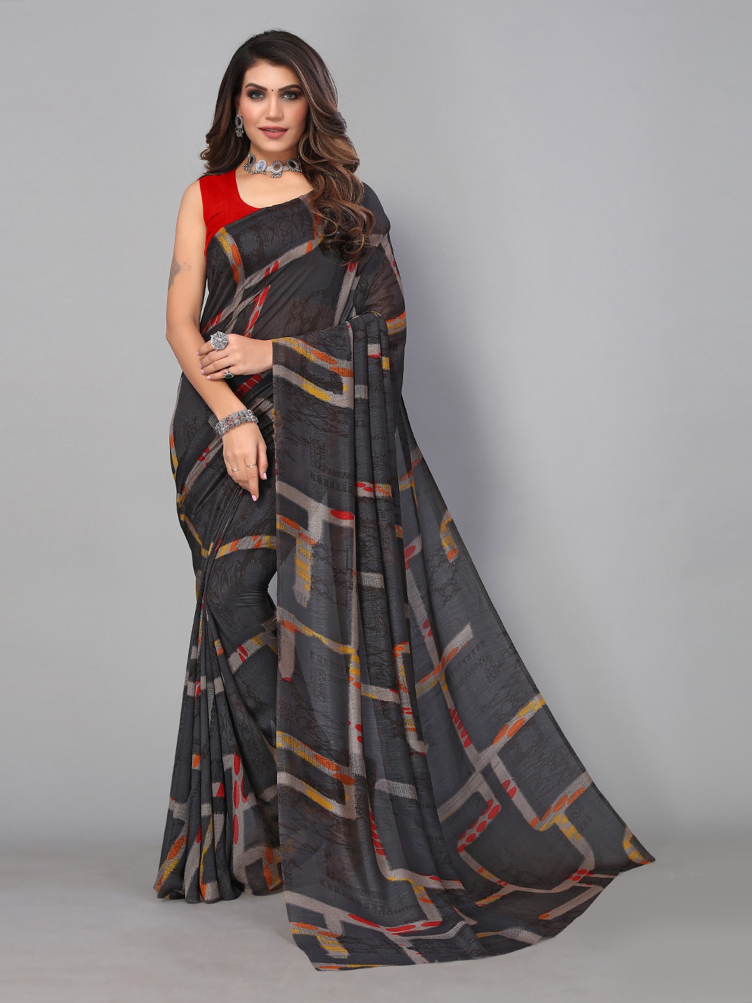 

KALINI Abstract Printed Pure Georgette Saree, Black
