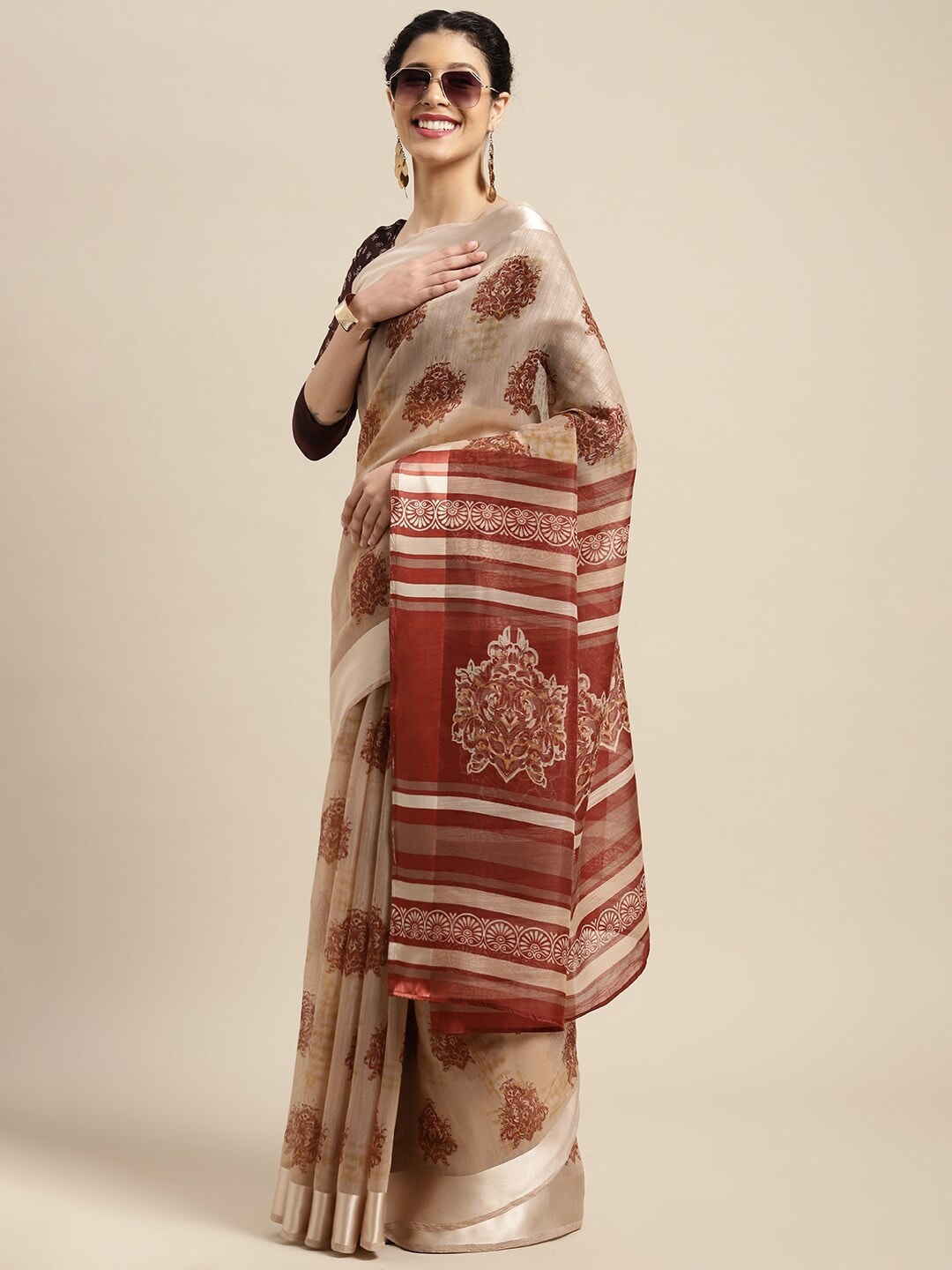 

KALINI Beige & Brown Batik Block Print Saree