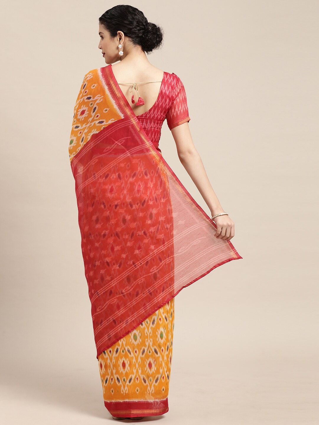 

KALINI Ethnic Motifs Printed Zari Ikat Saree, Yellow