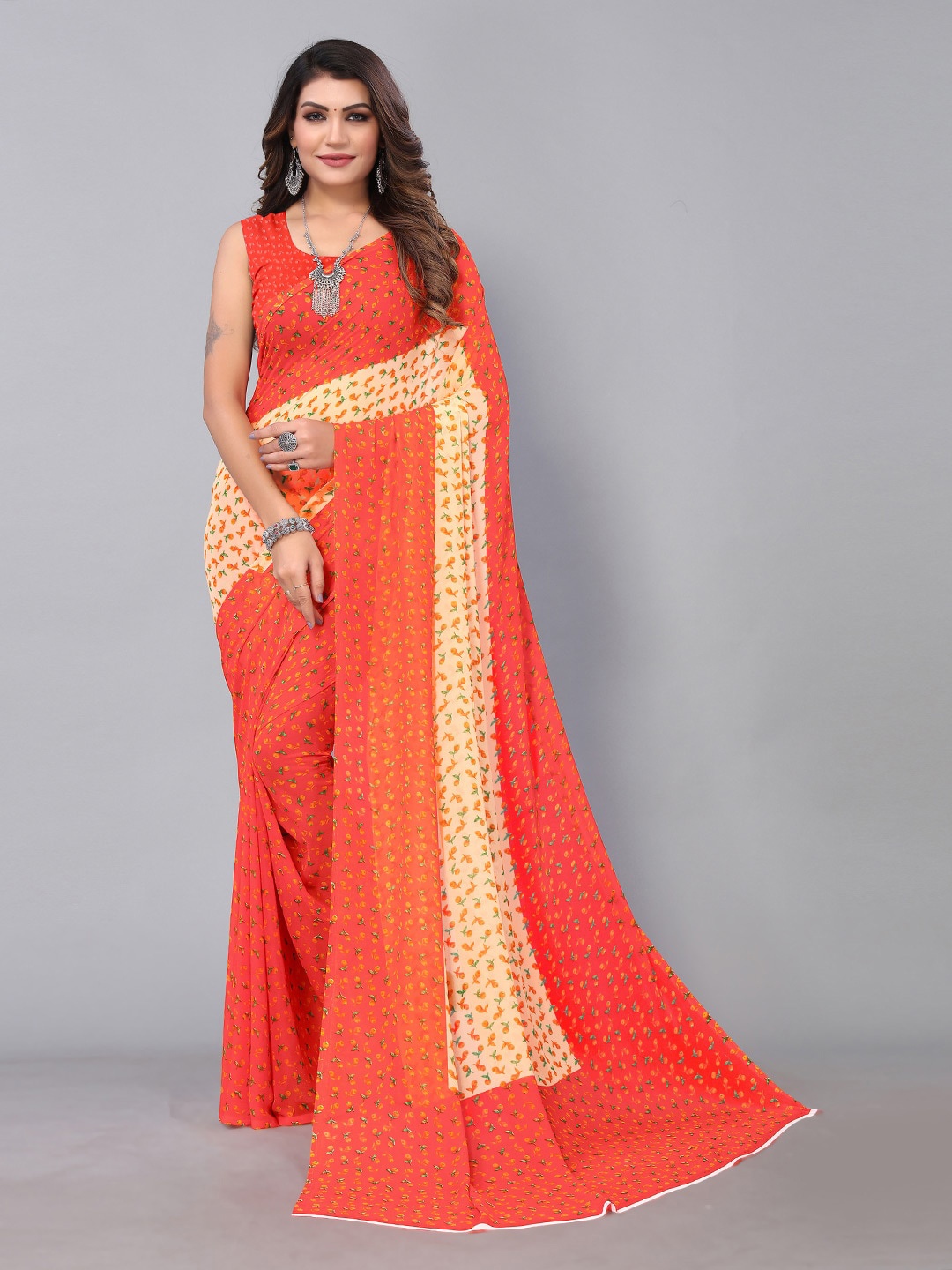 KALINI Floral Printed Pure Georgette Saree, Red