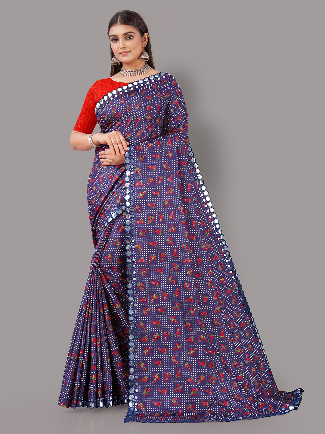 

KALINI Floral Printed Mirror Work Mysore Silk Saree, Blue