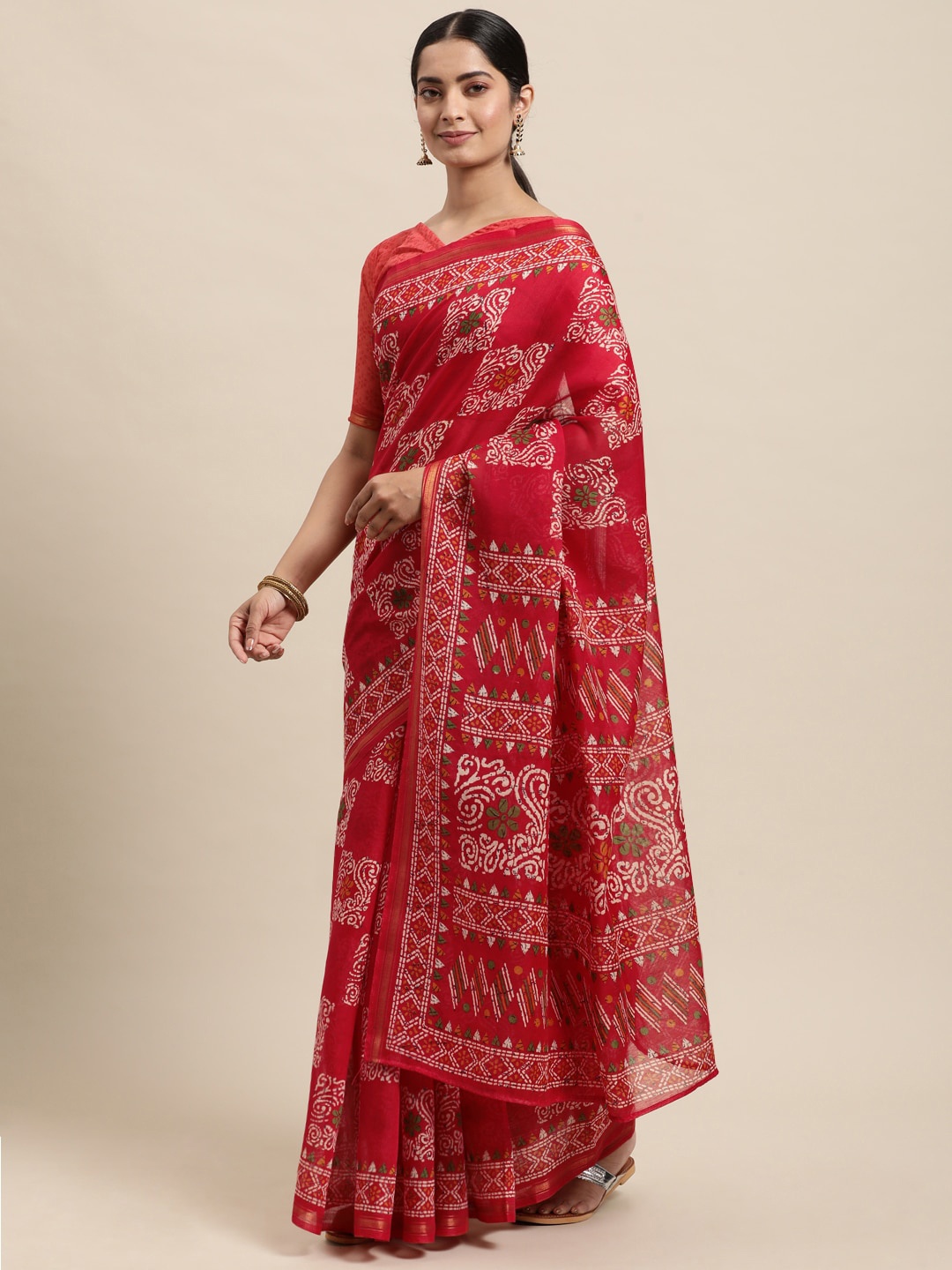 

KALINI Geometric Printed Zari Block Print Saree, Red
