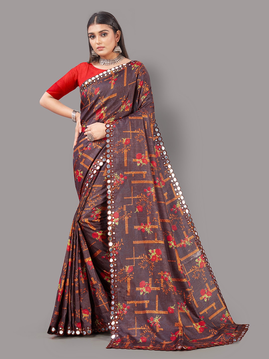 

KALINI Floral Printed Mirror Work Saree, Brown