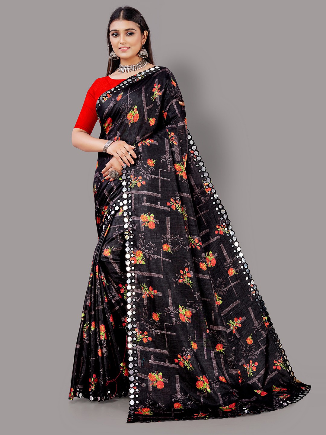 

KALINI Floral Printed Mirror Work Saree, Black