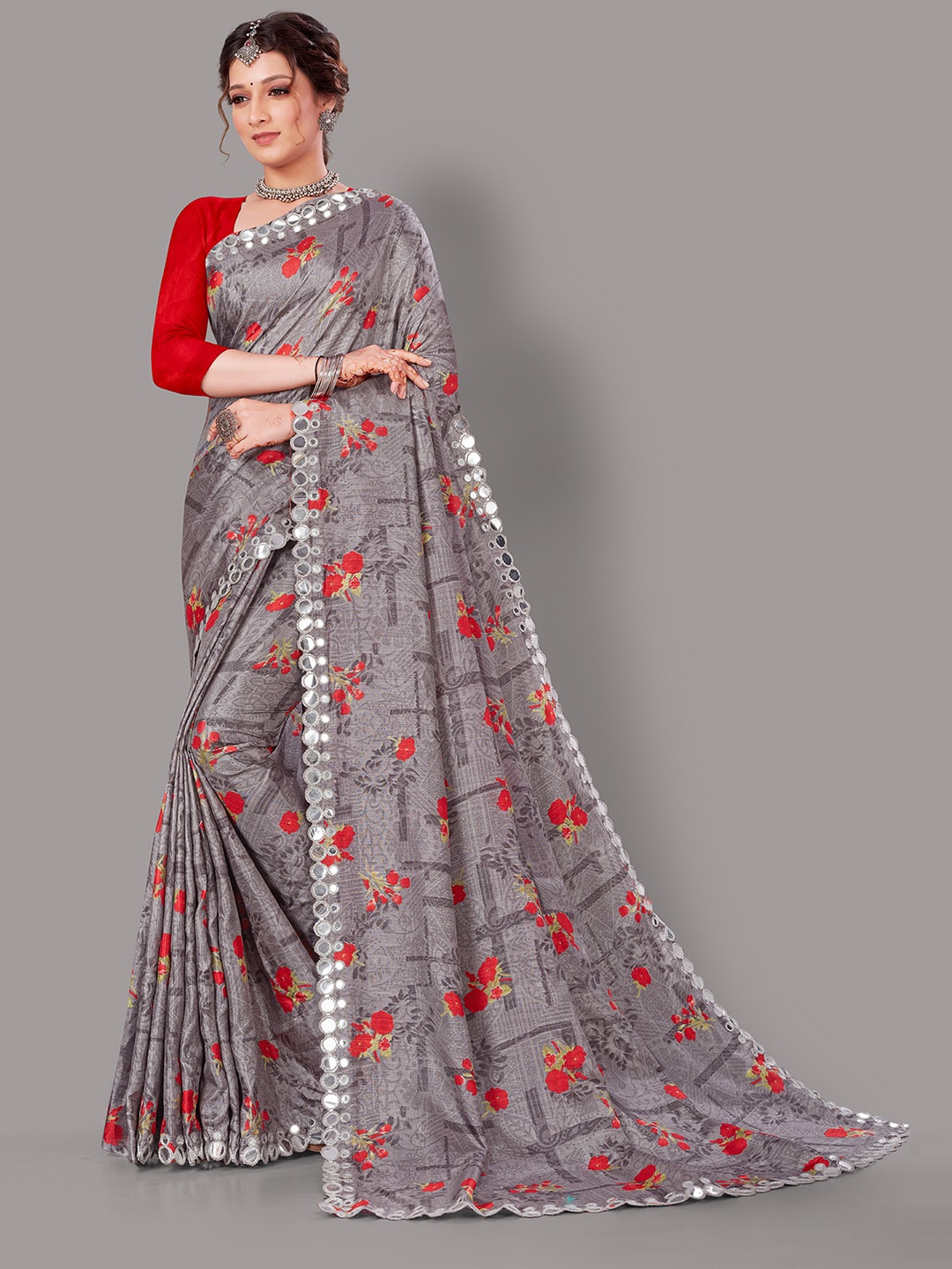 

KALINI Ethnic Motifs Printed Mirror Work Saree, Grey