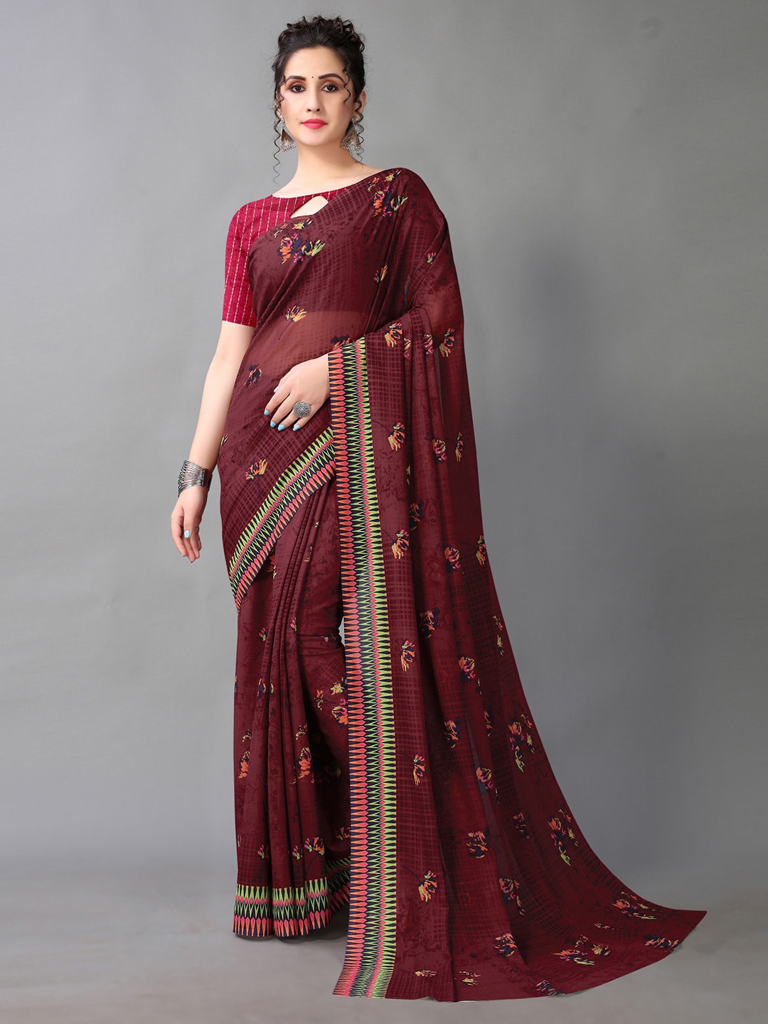 

KALINI Floral Printed Pure Georgette Saree, Maroon