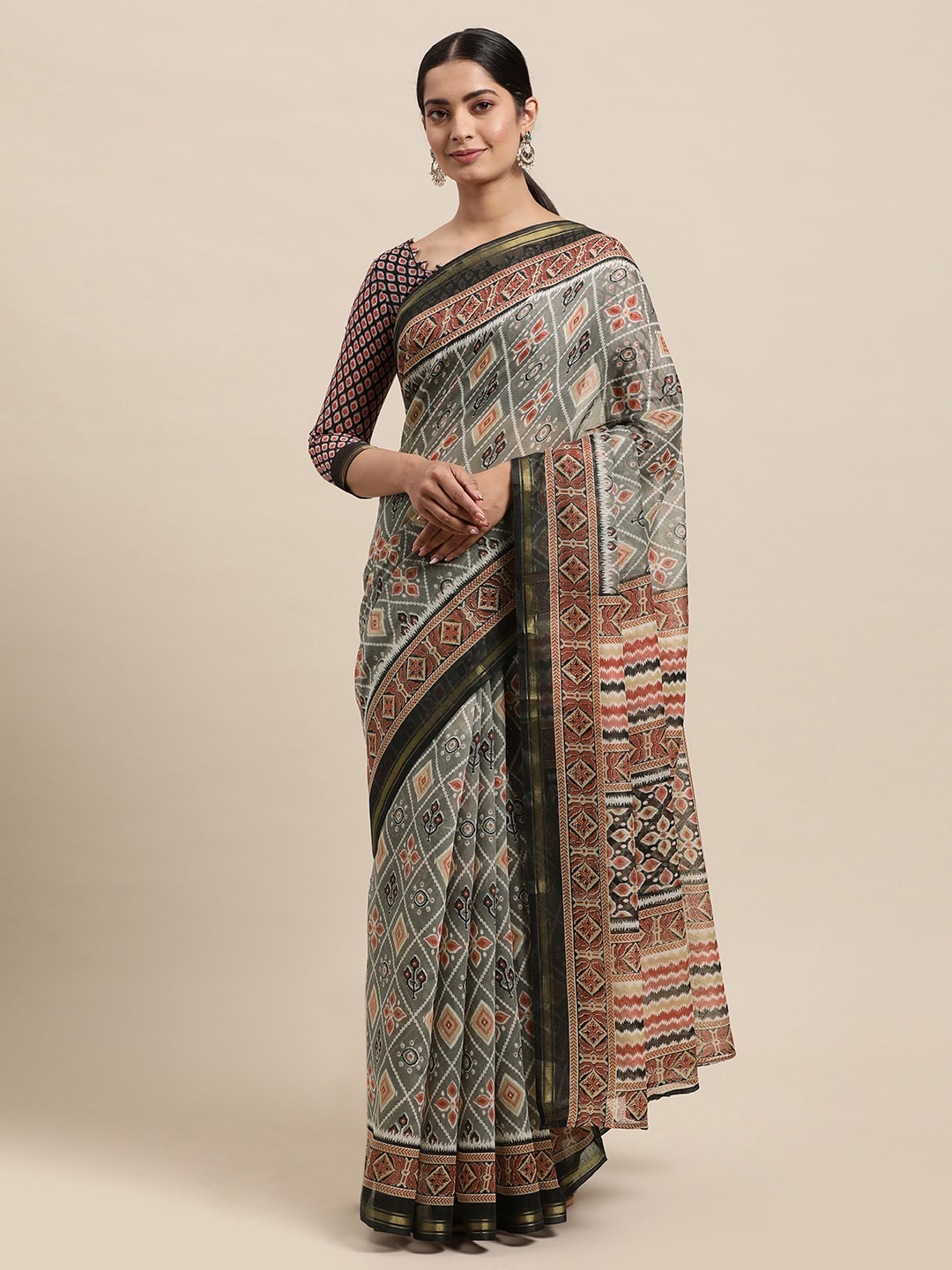 

KALINI Geometric Print Bandhani Zari Bandhani Saree, Grey