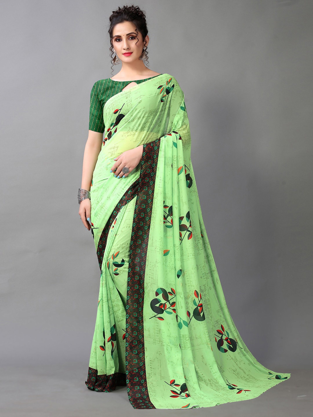 KALINI Floral Printed Pure Georgette Saree, Green
