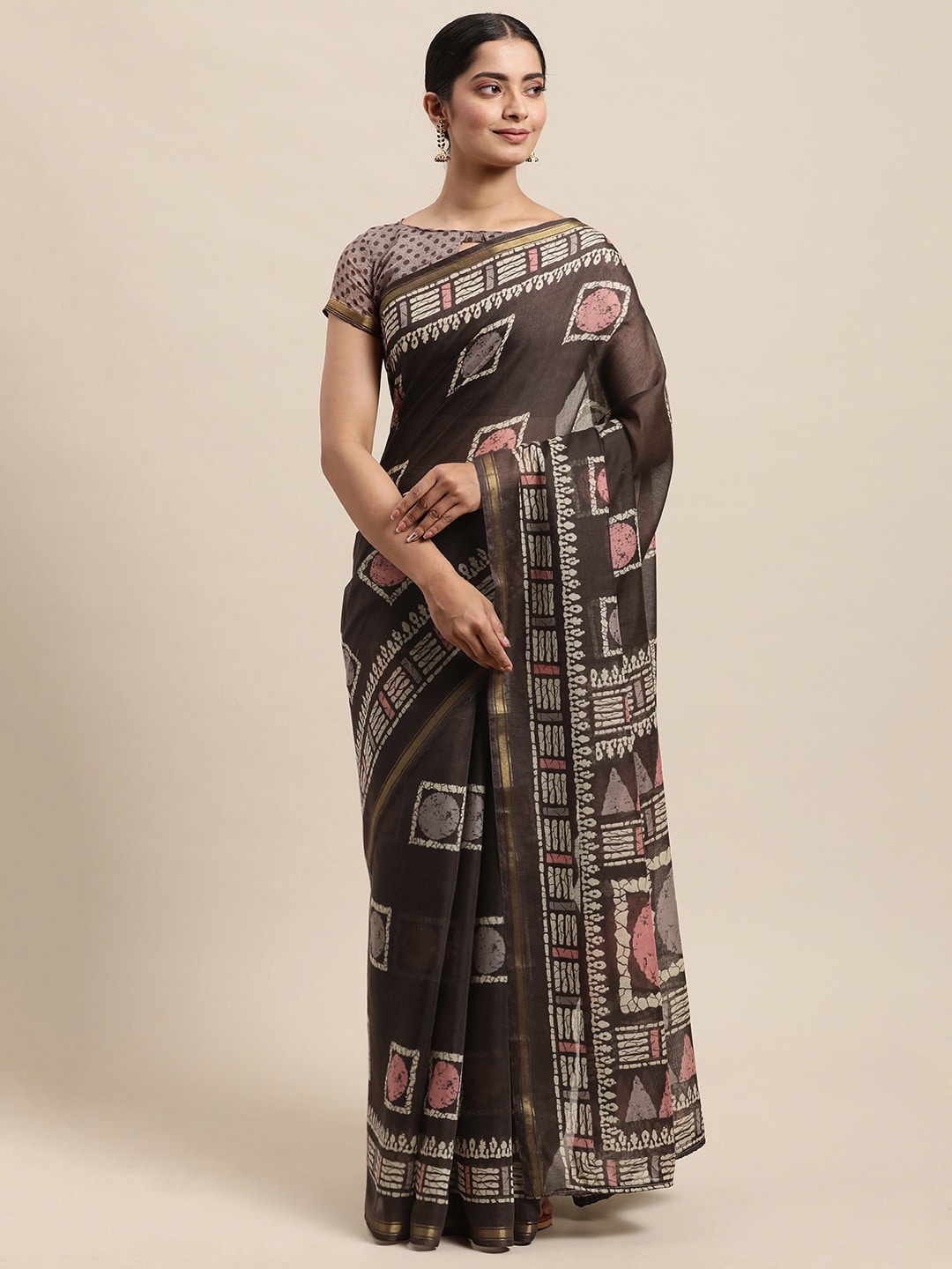 

KALINI Batik Zari Block Print Saree, Brown