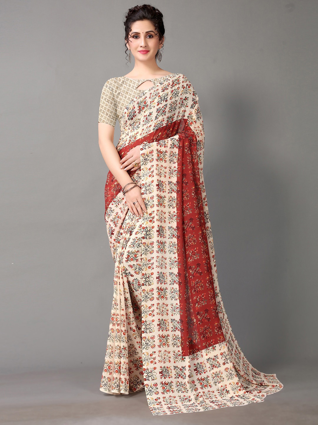 

KALINI Off White & Rust Ethnic Motifs Pure Georgette Saree