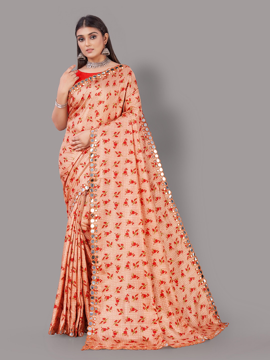 

KALINI Floral Printed Mirror Work Saree, Peach