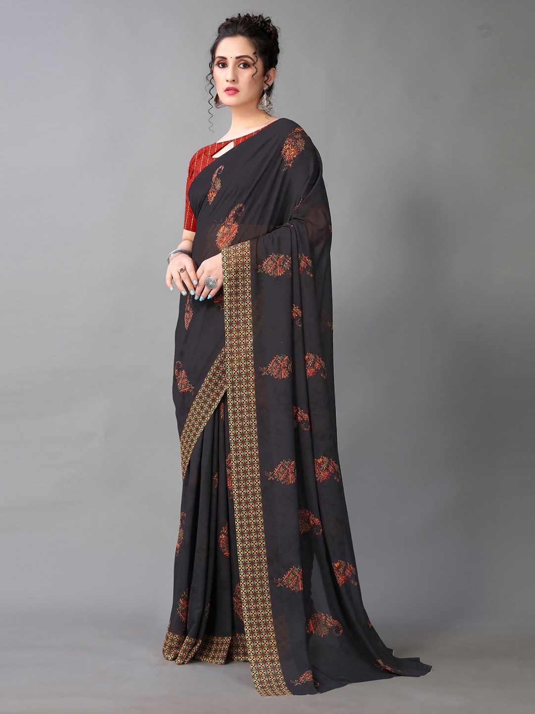 

KALINI Black & Red Paisley Pure Georgette Saree