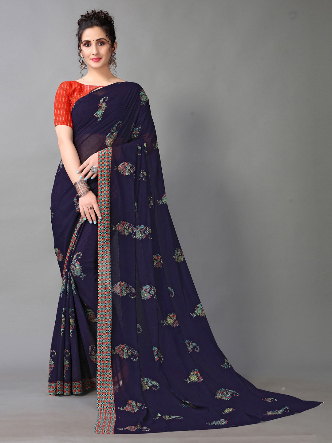 

KALINI Paisley Printed Pure Georgette Saree, Purple