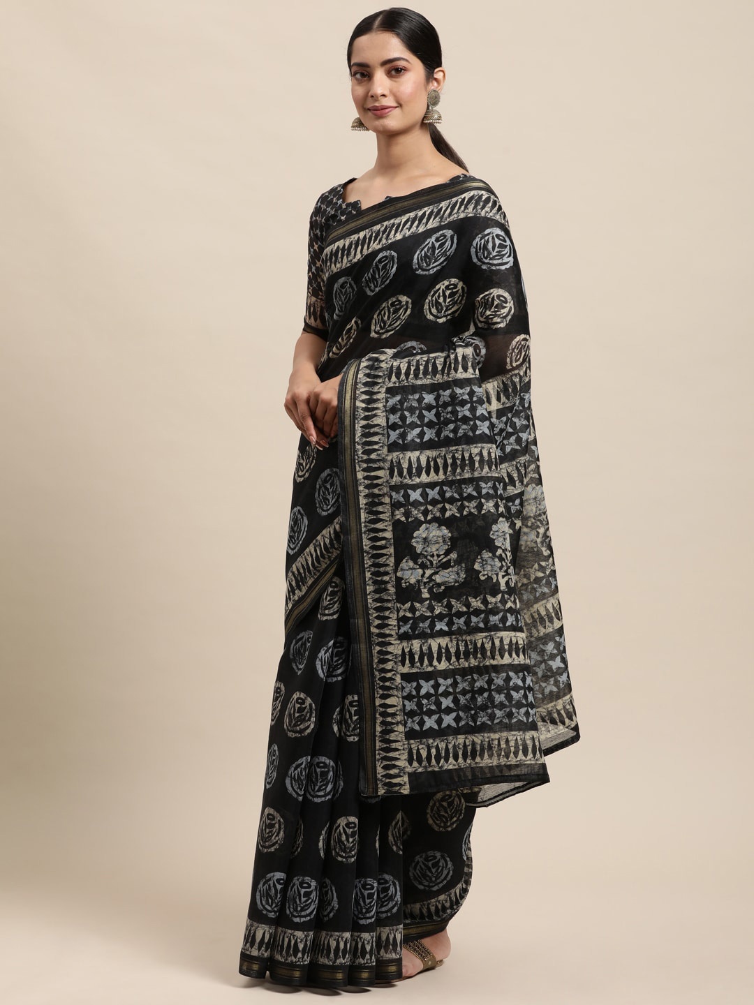 

KALINI Batik Printed Zari Block Print Saree, Black