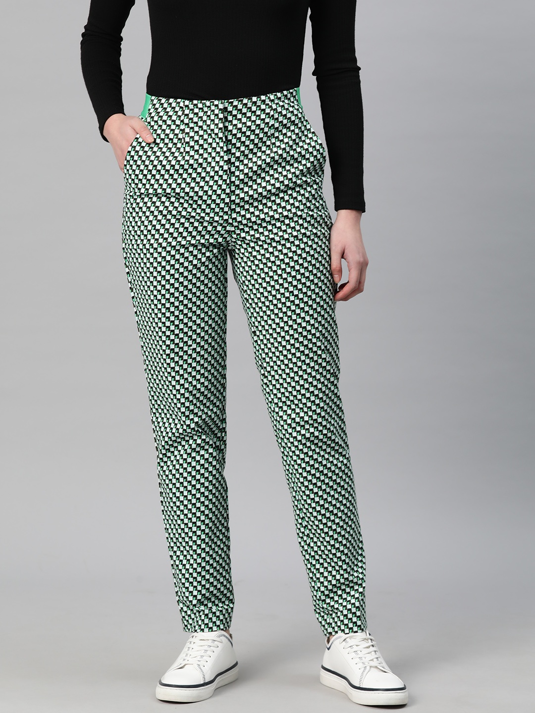 

Marks & Spencer Women Printed Slim Fit High-Rise Trousers, Green
