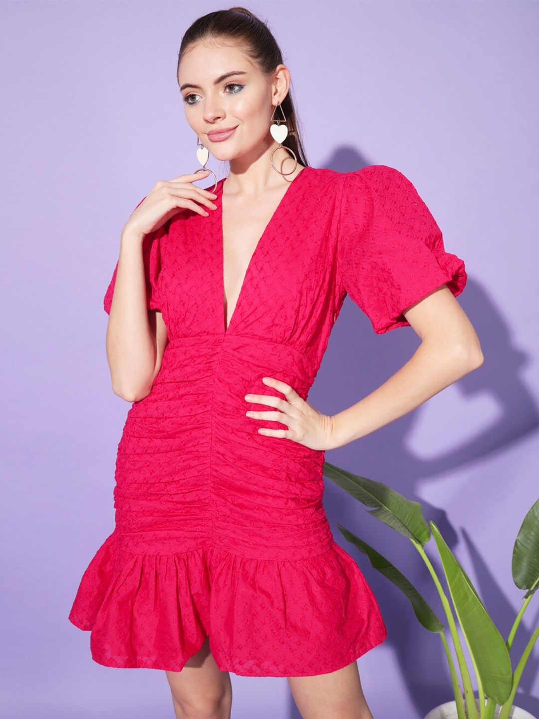 

Cation Self Design Puff Sleeves Sheath Dress, Magenta