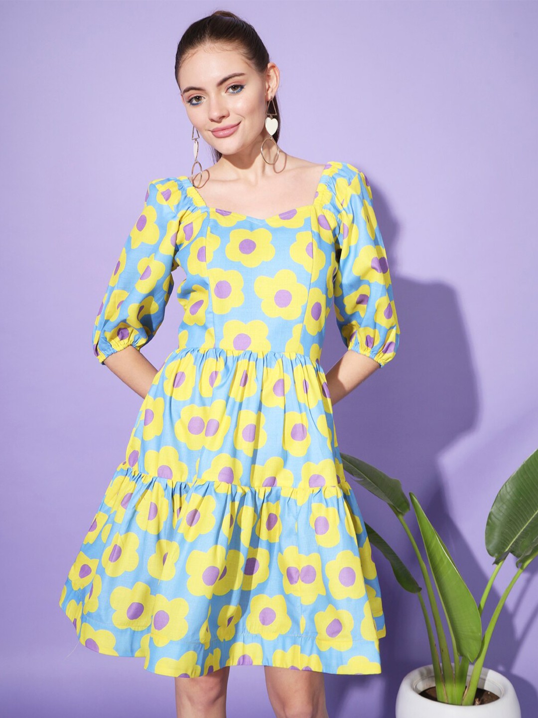 

Cation Floral Printed Gathered Fit & Flare Dress, Blue
