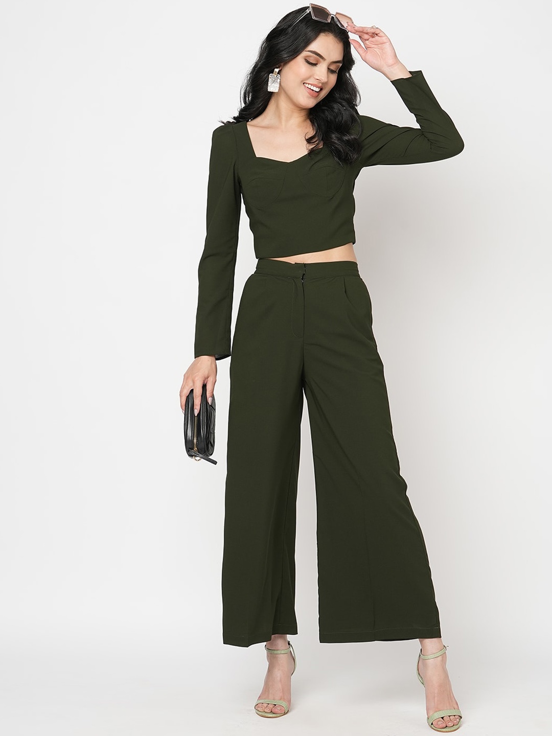 

MISH Olive Sweetheat Neck Crop Top With Wide Leg Trousers
