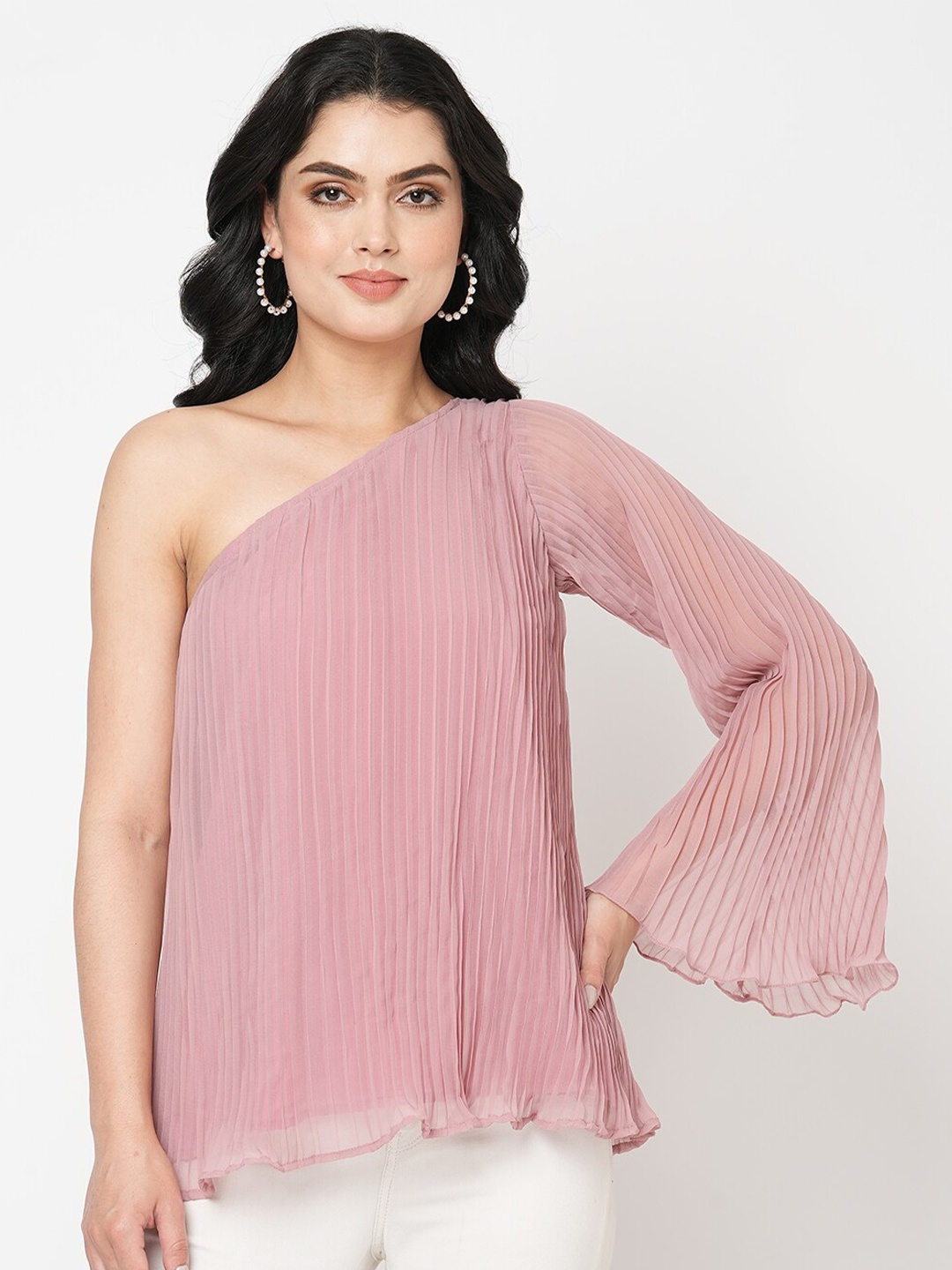 

MISH Pink One Shoulder Flared Sleeves Accordion Pleated A-Line Top