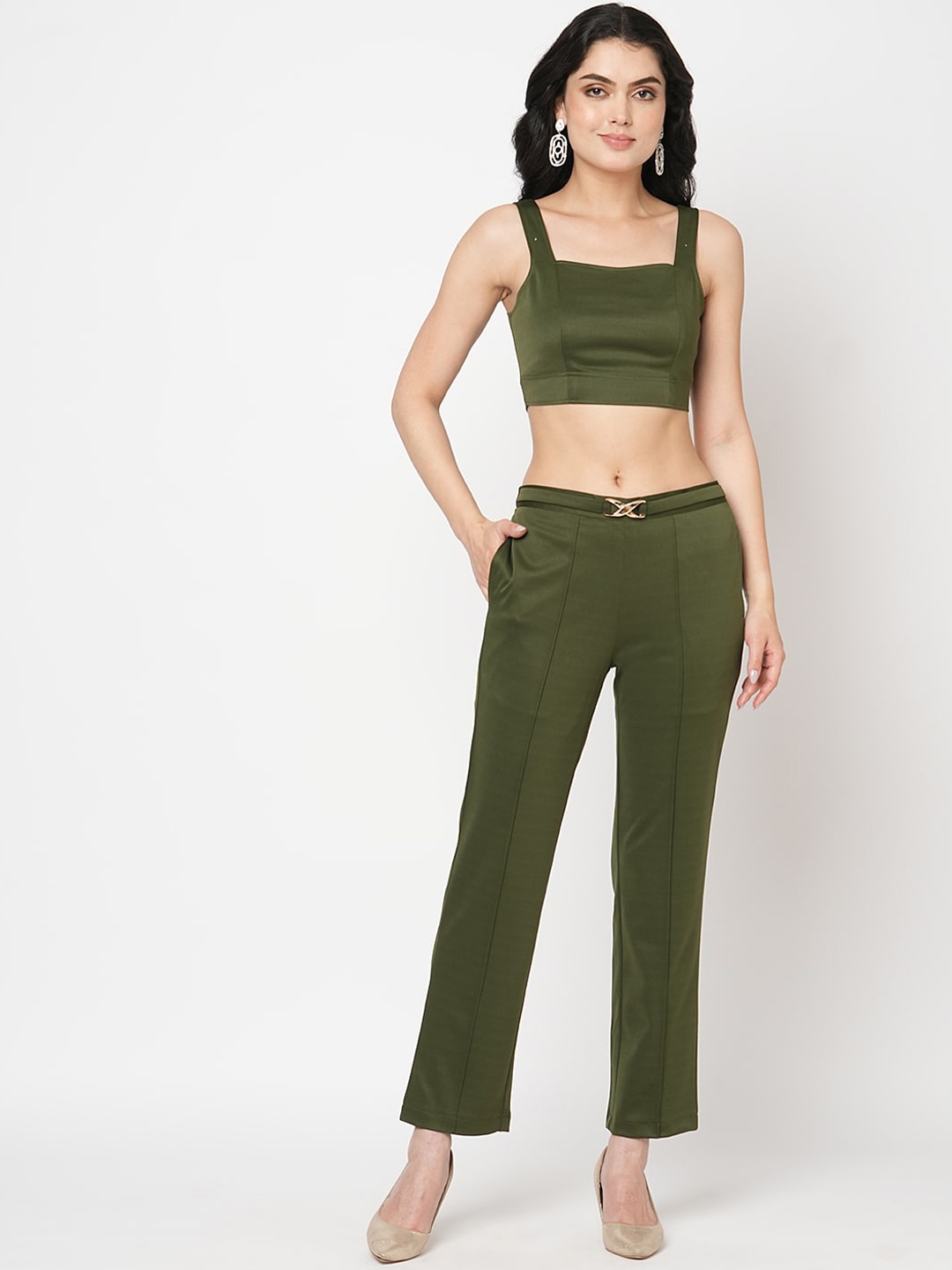

MISH Square-Neck Crop Top With Pencil-Fit Trousers Co-Ords, Olive