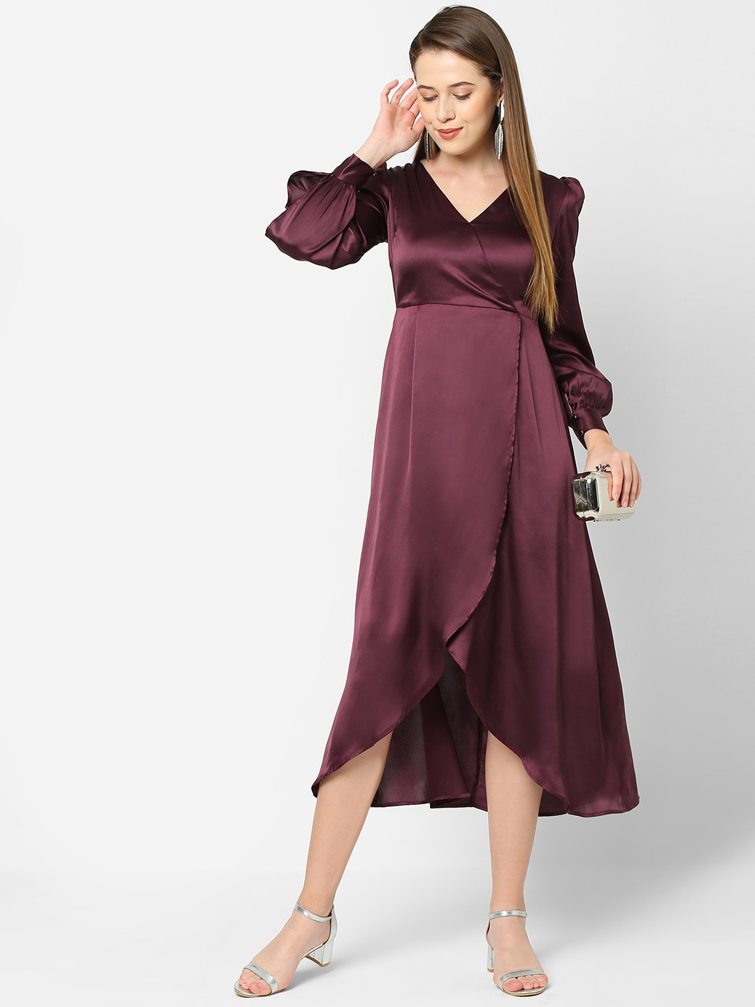 

MISH Maroon V-Neck Puff Sleeve A-Line Dress