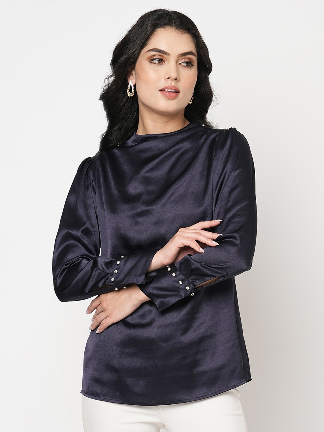 

MISH Navy Blue Embroidered Cowl Neck Satin Top