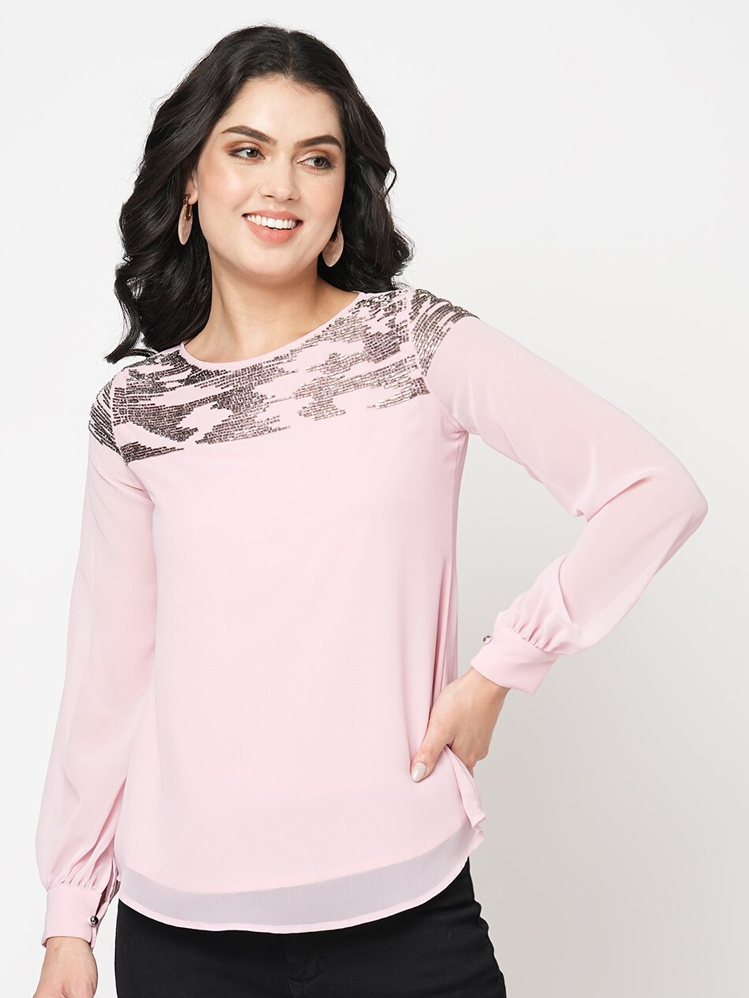 

MISH Pink Embroidered Cuffed Sleeves Top