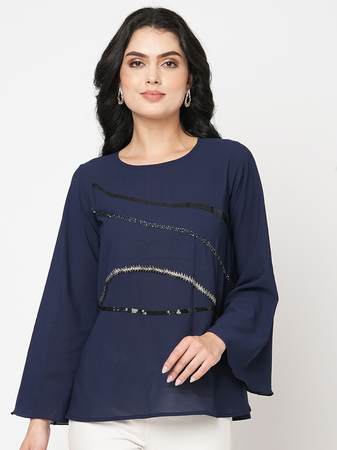 

MISH Navy Blue Embroidered Flared Sleeve Georgette Top