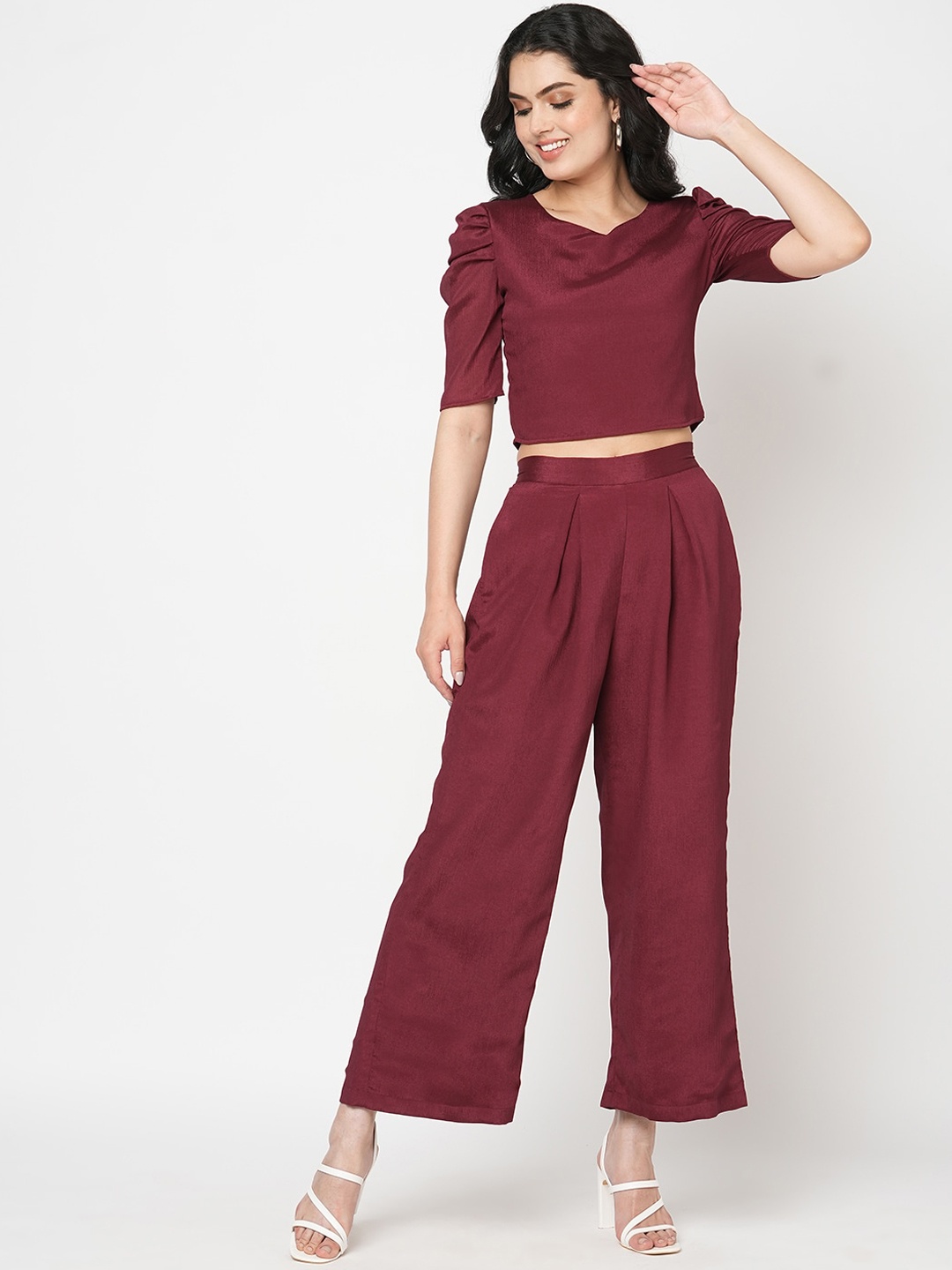 

MISH V-Neck Crop Top With Straight-Fit Palazzos, Maroon
