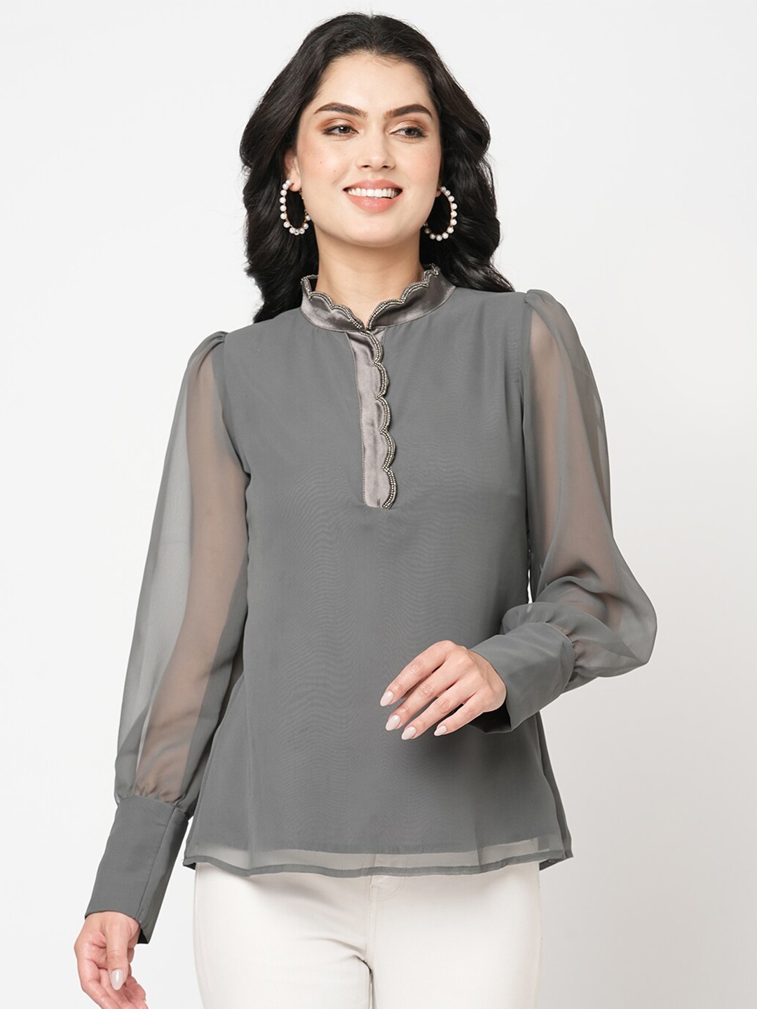 

MISH Grey Embroidered Tie-Up Neck Top