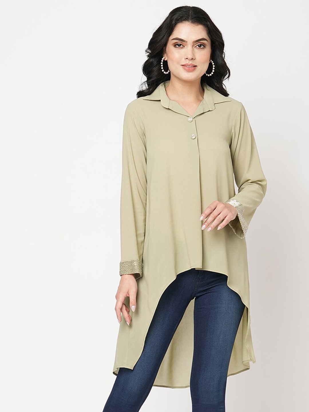 

MISH Green High-Low Shirt Collar Longline Top