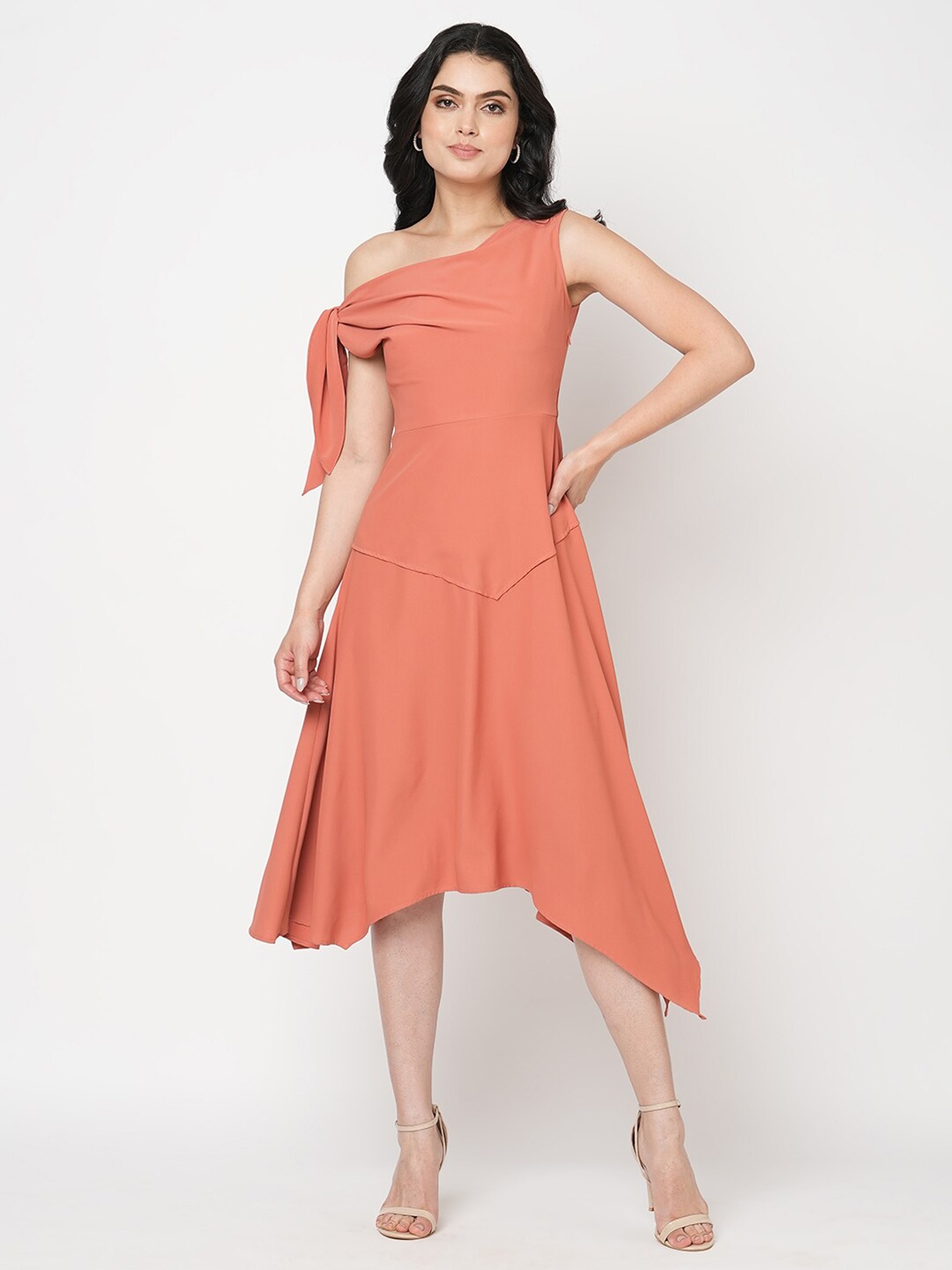 

MISH Rust Off-Shoulder Crepe A-Line Midi Dress