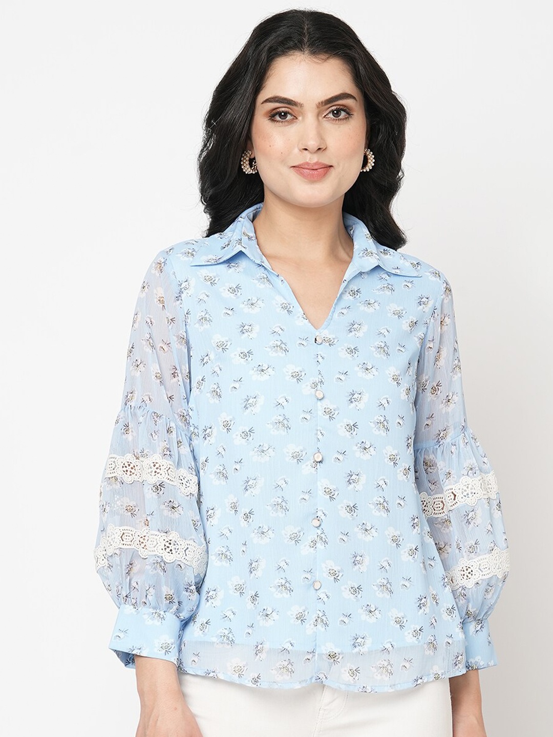 

MISH Blue Floral Printed Shirt Collar Cuffed Sleeves Shirt Style Top