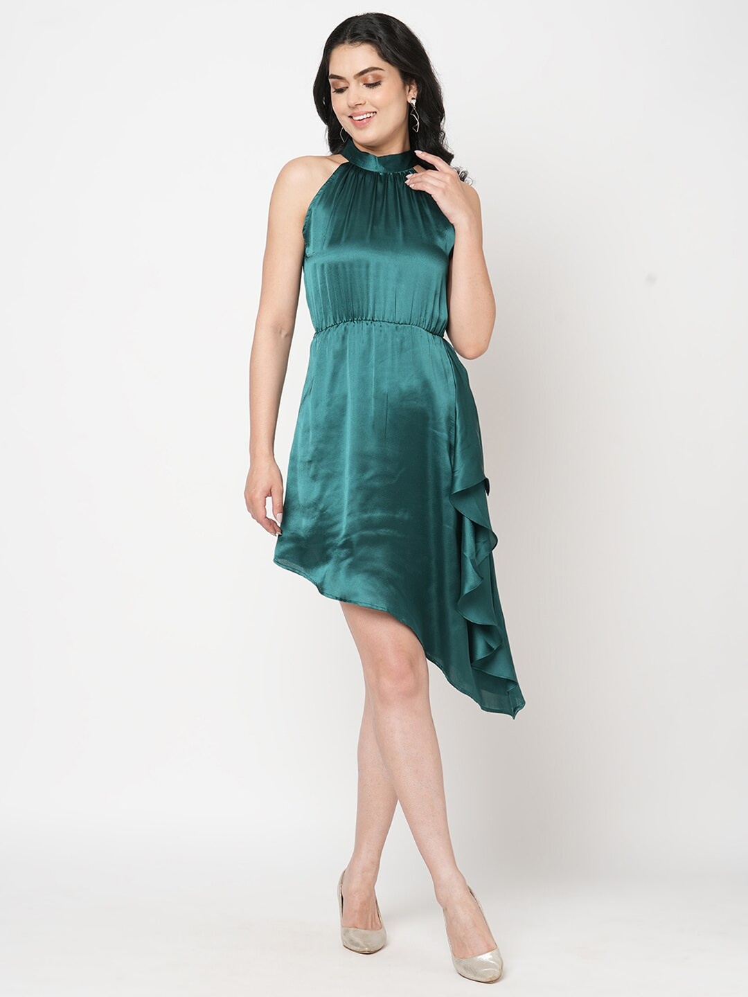

MISH Haletr Neck Ruffles Asymmetric Hem Dress, Green