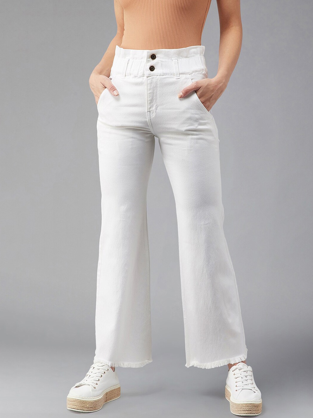 

BAESD Women Wide Leg High-Rise Clean Look Frayed Stretchable Jeans, White