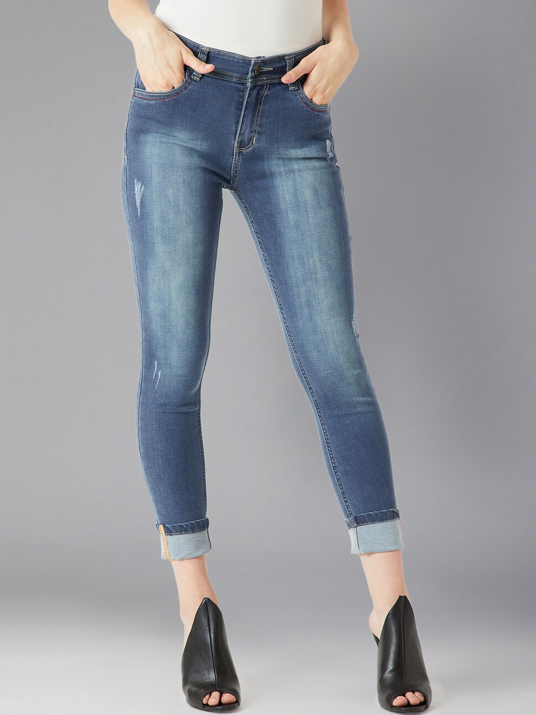 

BAESD Women Skinny Fit High-Rise Low Distress Light Fade Cotton Stretchable Jeans, Blue