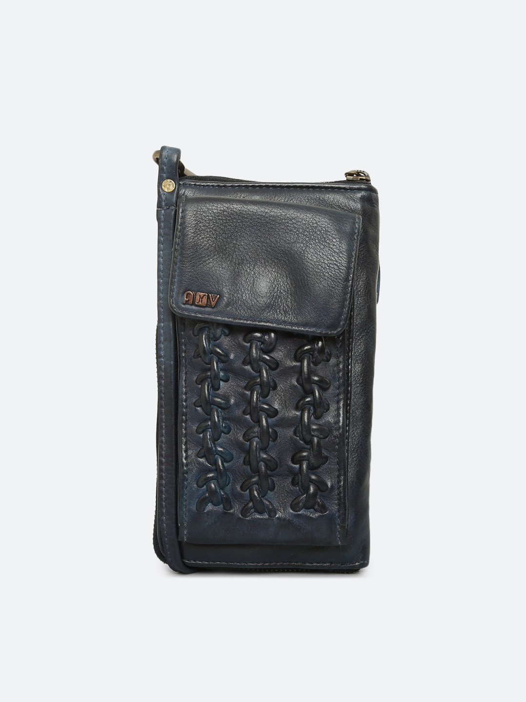 

ART N VINTAGE Textured Leather Cross Body Strap Mobile Pouch, Blue