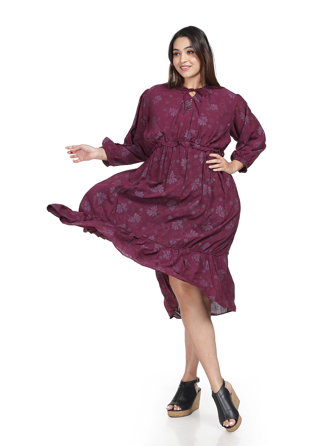 

9shines Label Plus Size Floral Printed Tie-Up Neck Fit & Flare Midi Dress, Maroon