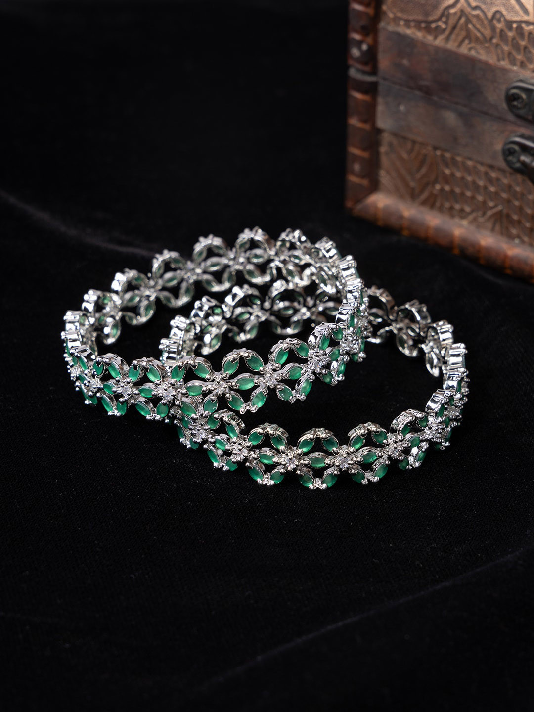 

justpeachy Set Of 2 Rhodium-Plated American Diamond-Studded Bangles, Silver