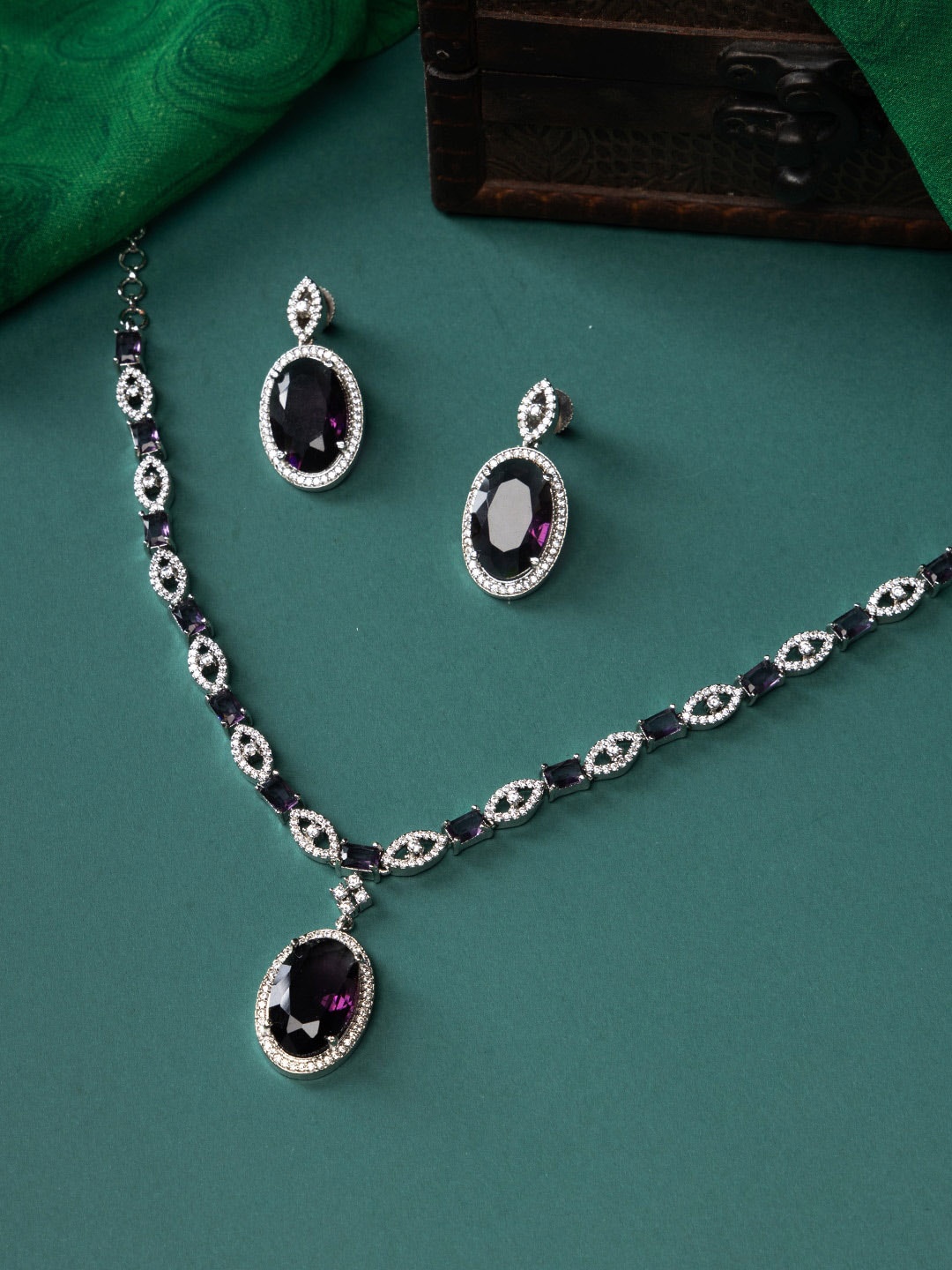 

justpeachy Rhodium-Plated American Diamond Studded Necklace & Earrings, Silver