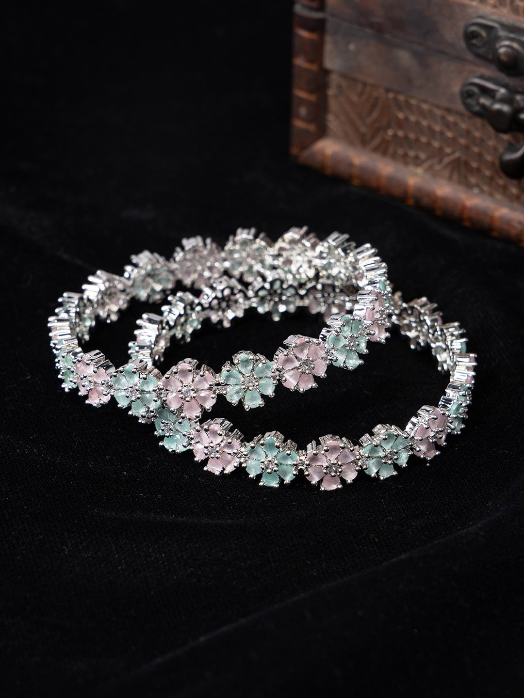 

justpeachy Set Of 2 Rhodium-Plated American Diamond-Studded Bangles, Silver