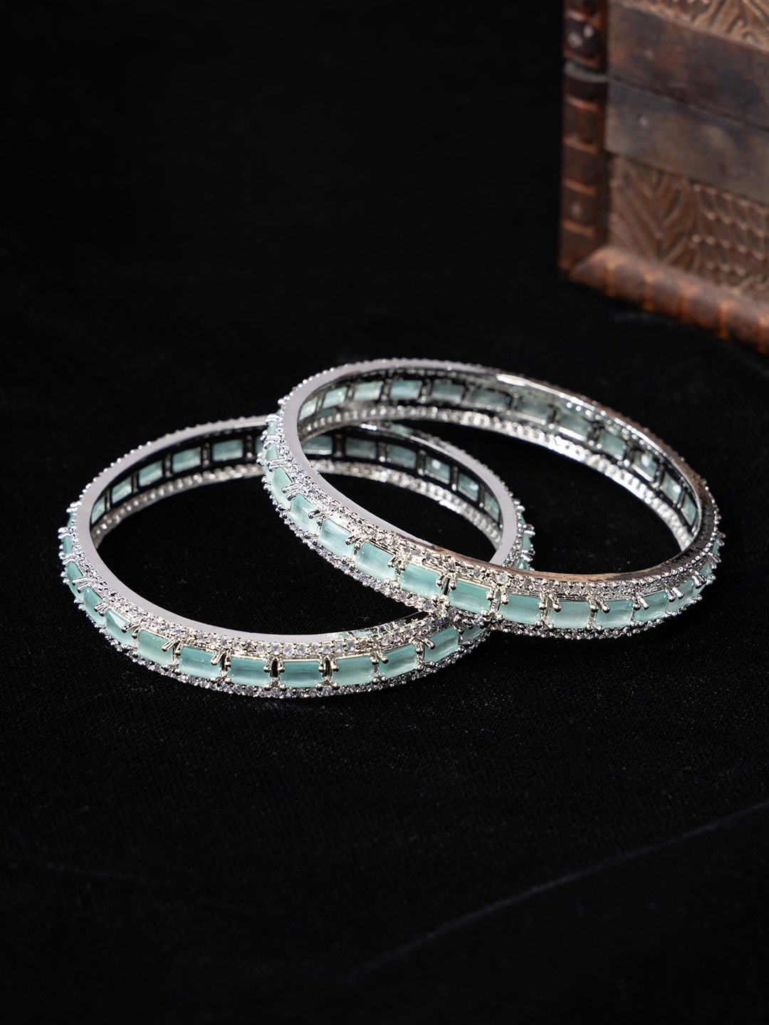 

justpeachy Set Of 2 Rhodium-Plated American Diamond Studded Bangles, Silver