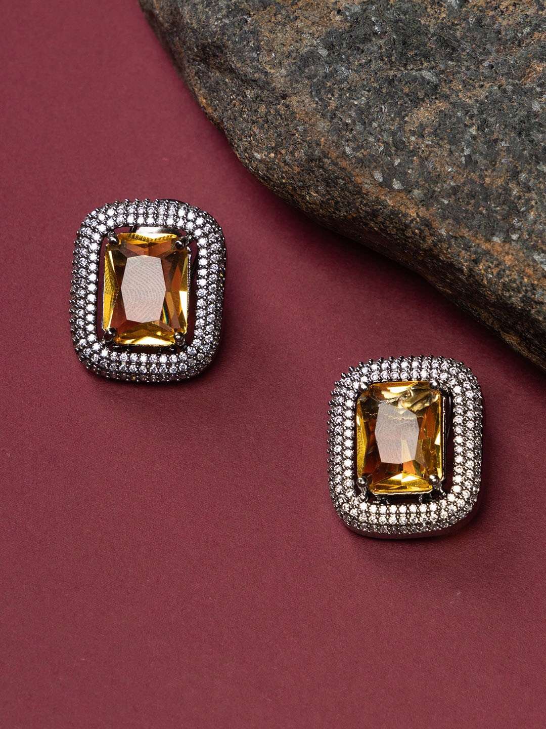 

justpeachy Rhodium-Plated American Diamond-Studded Square Studs Earrings, Silver