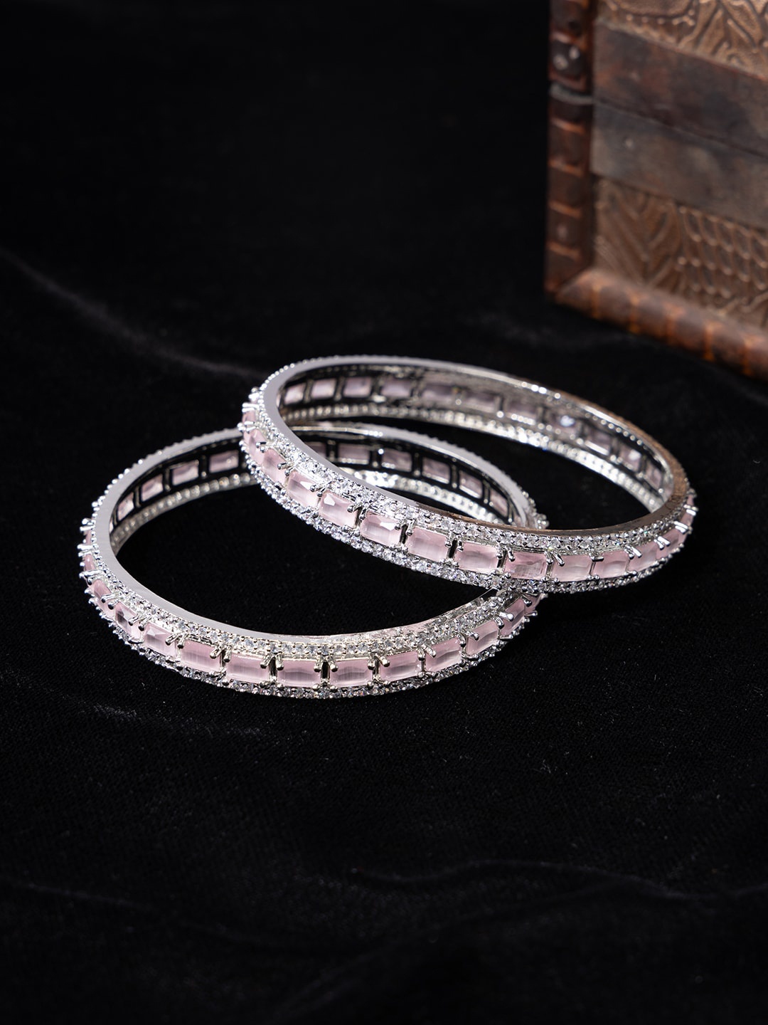 

justpeachy Set Of 2 Rhodium-Plated American Diamond Studded Bangles, Silver