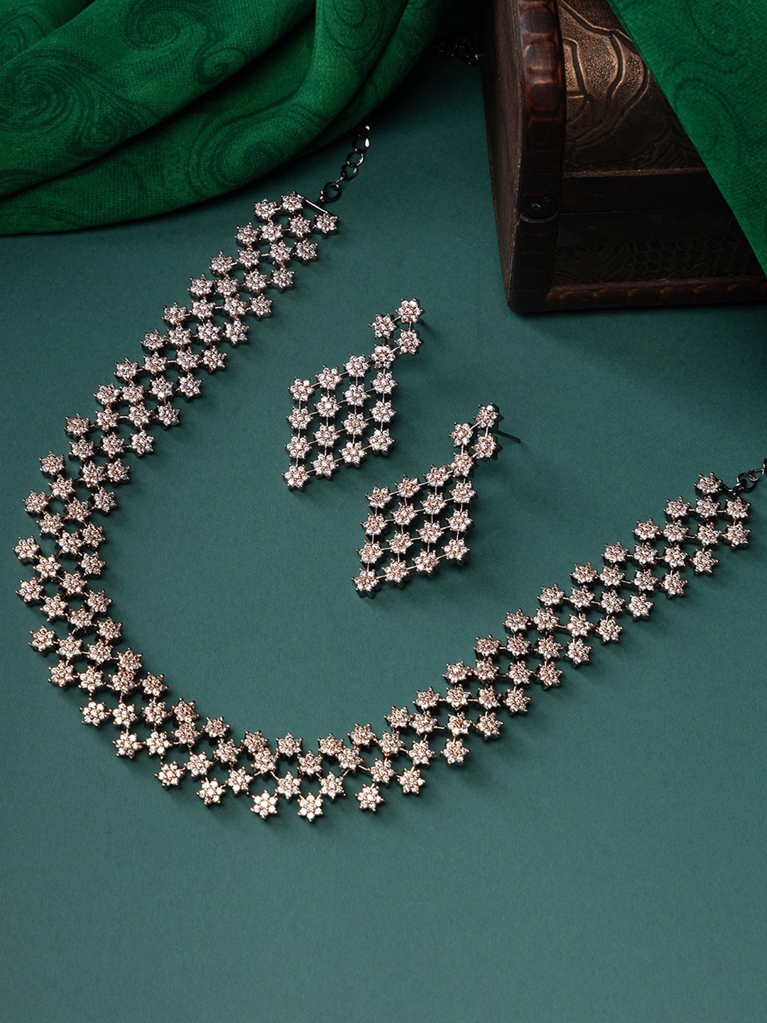 

justpeachy Rhodium-Plated AD-Studded Jewellery Set, Silver