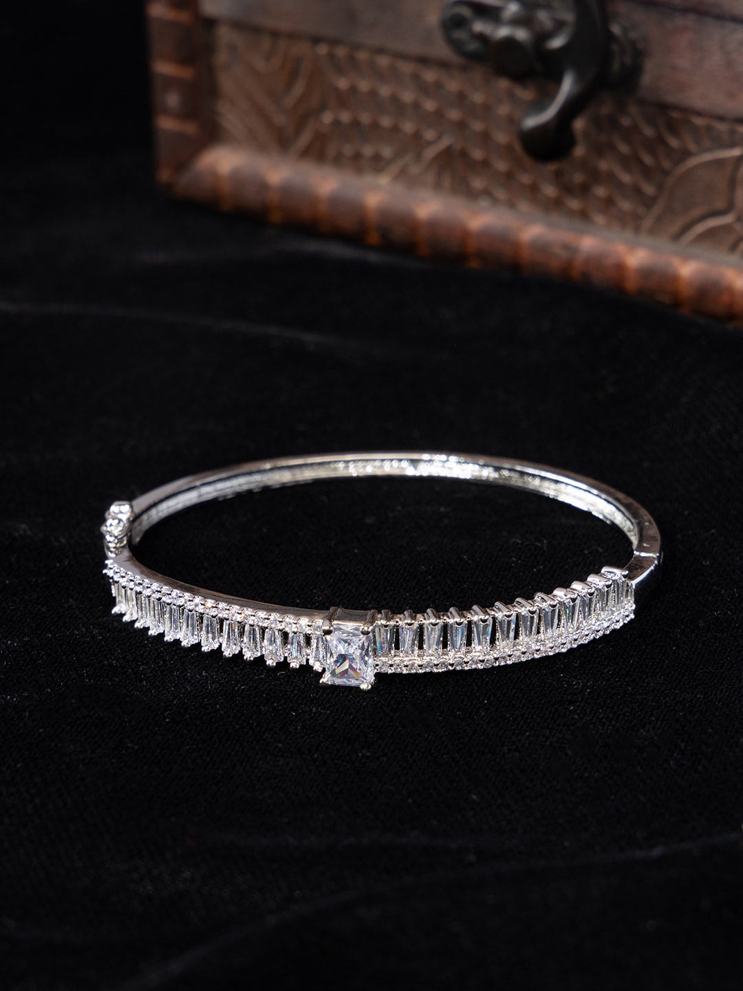 

justpeachy Rhodium-Plated American Diamond Studded Bangle-Style Bracelet, Silver