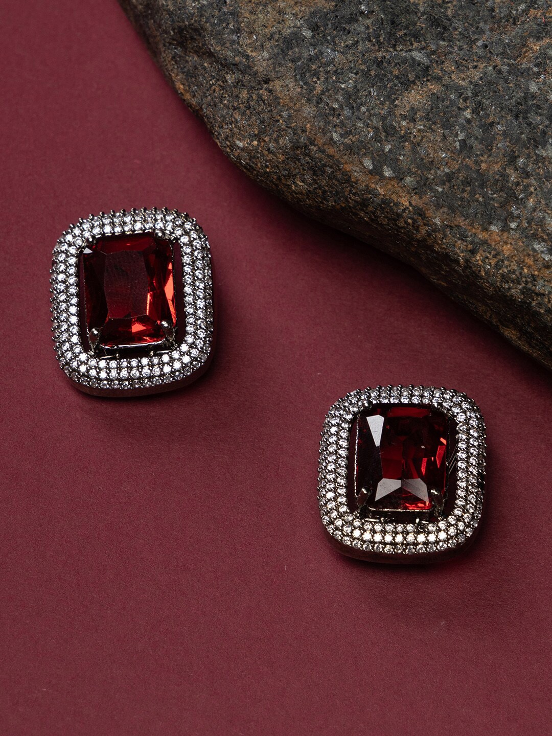 

justpeachy Rhodium-Plated American Diamond-Studded Square Studs Earrings, Silver