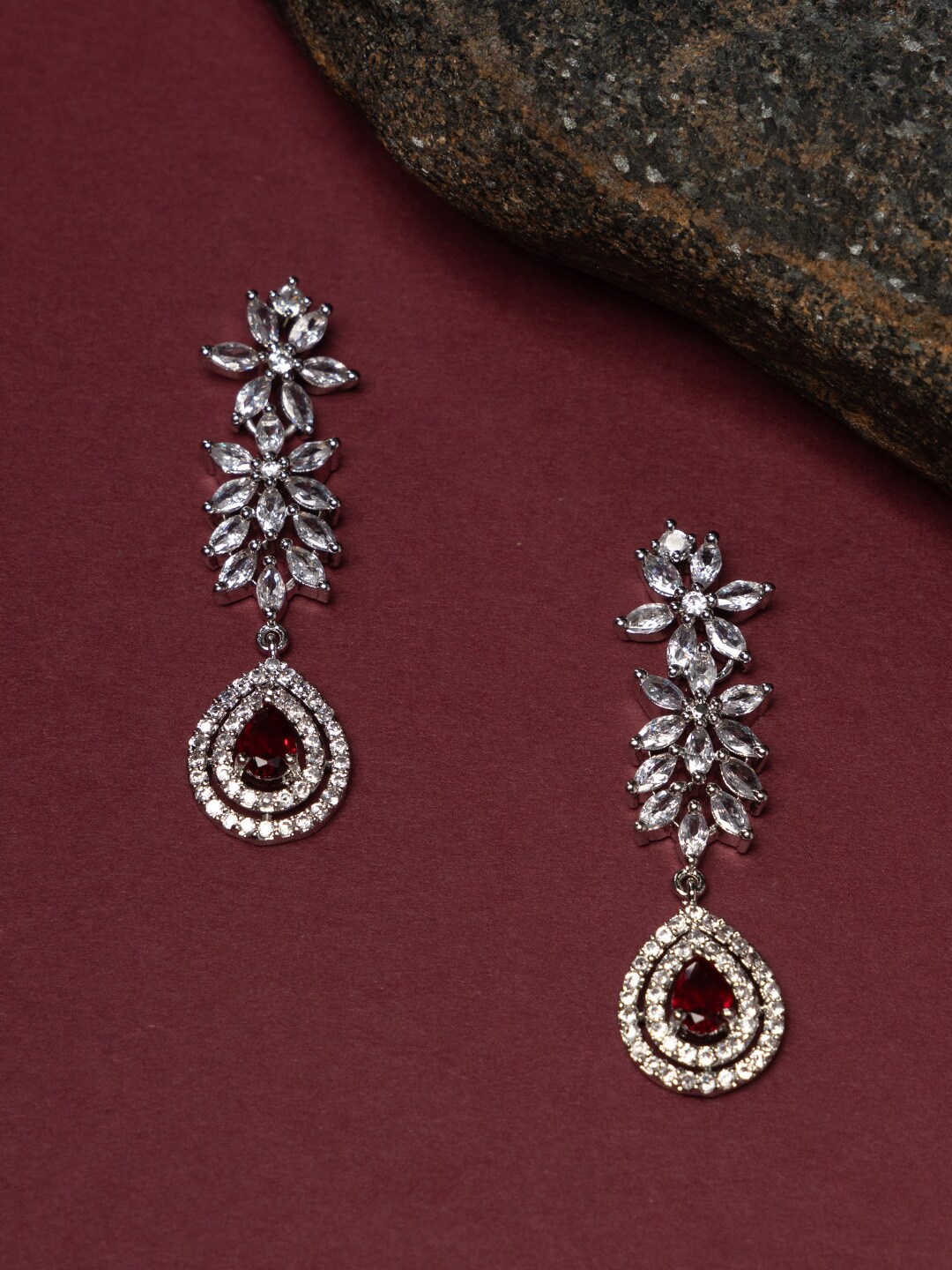 

justpeachy Rhodium-Plated American Diamond Studded Teardrop Shaped Drop Earrings, Silver