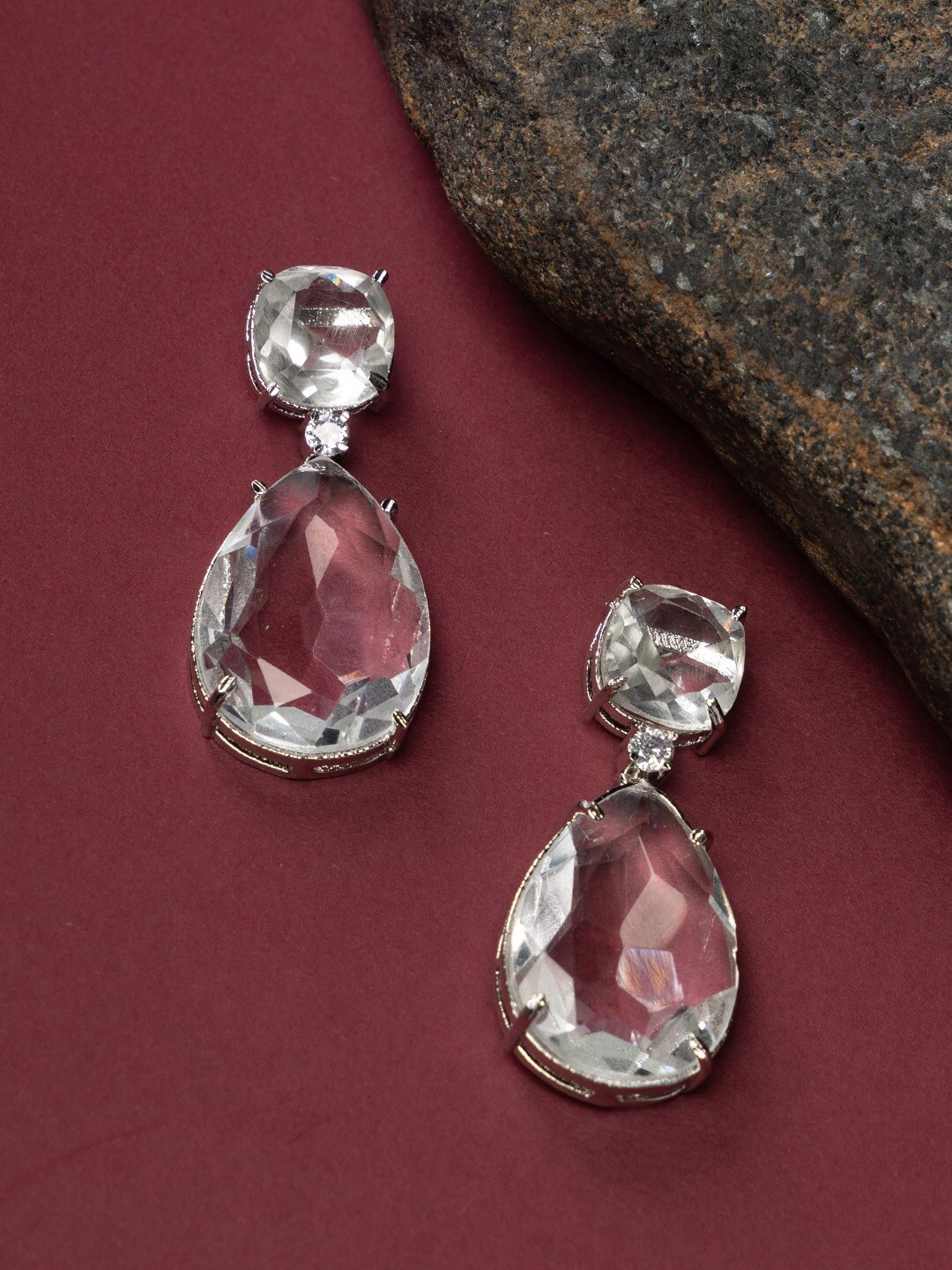 

justpeachy Rhodium-Plated Teardrop Shaped Drop Earrings, Silver